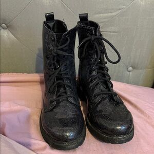 Women's Black Glitter Lace-Up Combat Boots